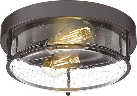 12-Inch Flush Mount Ceiling Light, Modern Farmhouse Style with Bubble Glass Shade, Oil Rubbed Bronze Finish, Ideal for Living Room, Bedroom, or Dining Room – Model CKCL4822-2W-SGORB