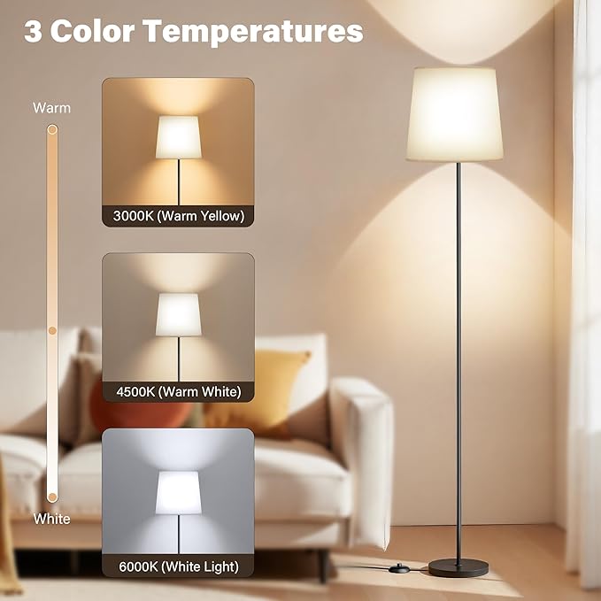 Floor Lamp with White Fabric Shade - Dimmable Standing Lamp with Foot Switch, 3 Light Modes, 9W E26 LED Bulb Included, 62" Floor Reading Light for Living Room Bedroom Office Corner, Black