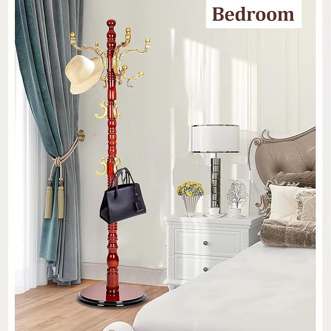 Coat Racks freestanding, High-grade Wooden Tree Rack, hall tree With 14 Hooks & Stable Disc Base, For such as coats, jackets, Home Office Entry-way hanger Organizer (Begonia color)