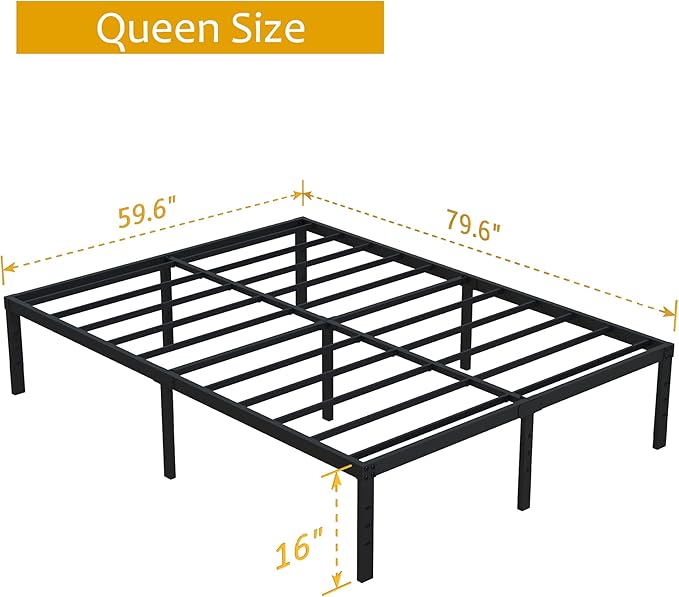 16 Inch Queen Bed Frame No Box Spring Needed, Heavy Duty Metal Queen Platform Bed Frame Support Up to 3000 lbs, Easy Assembly, Noise Free, Black