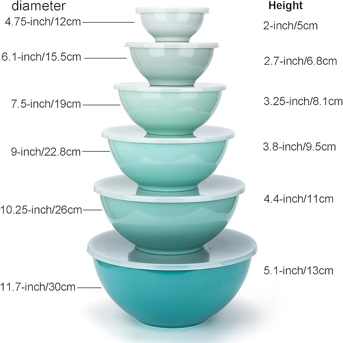 KOXIN-KARLU 6-Piece Nesting Melamine Mixing Bowl Set with Lids, Teal Assorted Colors