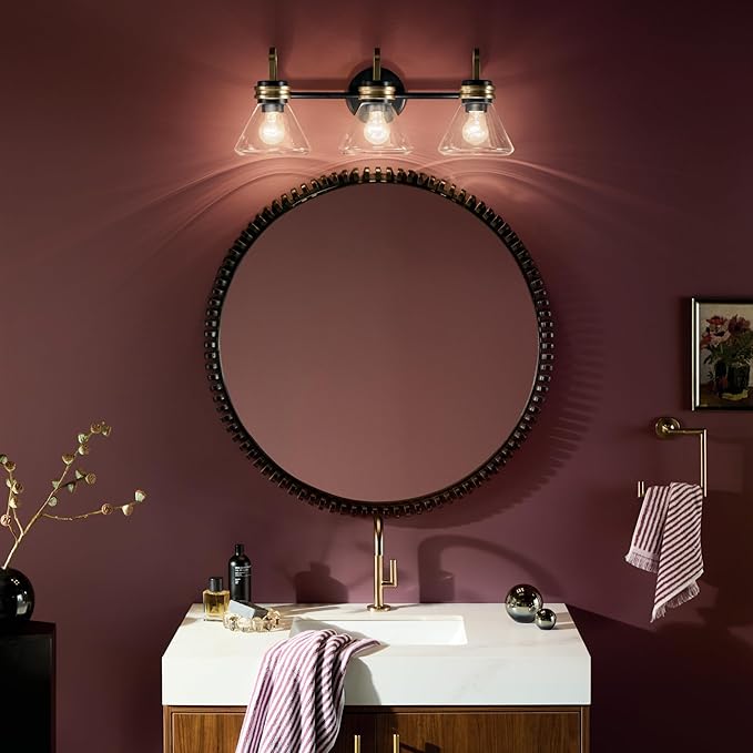 Kichler Farum 26" 3-Light Vanity Light with Clear Glass in Black, for Single or Double Vanity, Over a Mirror, Powder Room, Bathroom (26" W x 9.5" H) 55155BKCLR