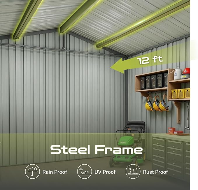 12x10 Ft Storage Shed Outdoor, XL Permanent Steel Building with Window, Sliding Doors and 4 Air Vents for Backyard Garden Patio Lawn - Black