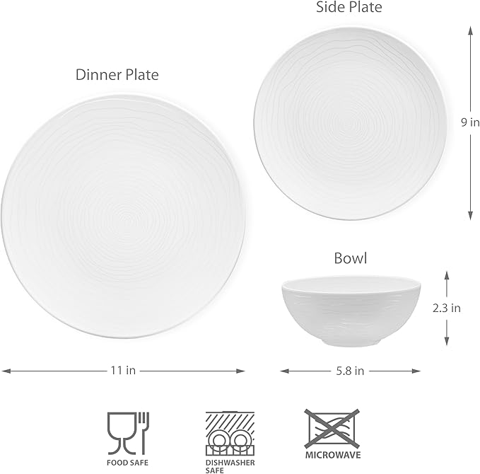 bzyoo 12 Piece White Melamine Dinnerware Set - Durable, Easy to Clean Plates and Bowls - Ideals for Parties, Camping Dish Set BPA Free Organica White Collection