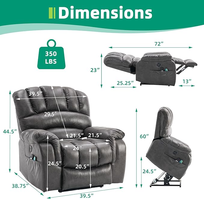 VIVIJASON Large Dual OKIN Motor Lay Flat Sleeper Lift Recliner Chair with Heat & Massage for Elderly, Infinite Position Electric Power Recliner with 2 Remote Controls, Side Pockets & USB Ports, Gray