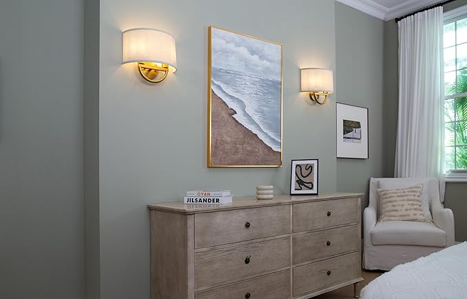 Yosoan Linen Fabric Cloth Boho Aged Brass Gold Wall Sconce Stairwell Fixture Light, 2-Light Dual Indoor Hardwired Vanity Vintage Wall Mount Lamp Antique Metal Base Semicircle Shade Lamp for Hallway