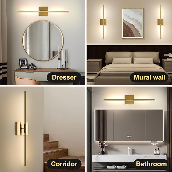 Battery Operated Wall Sconces Set of 2, Battery Wall Sconce with Remote Control,350°Rotate, LED Rechargeable Sconces,3000K-6000K Wireless Wall Light for Bedroom, Living Room, Hallway (Gold,32Inch)