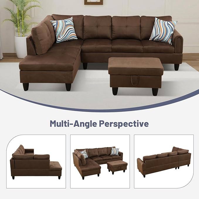 L-Shape 3-Piece Cloud Sofa, Couch for Living Room, Chocolate Flannel Fabric L-Shape with Reversible Chaise & Storage Ottoman, Ergonomic 110–115° Recline, Solid-Wood Frame