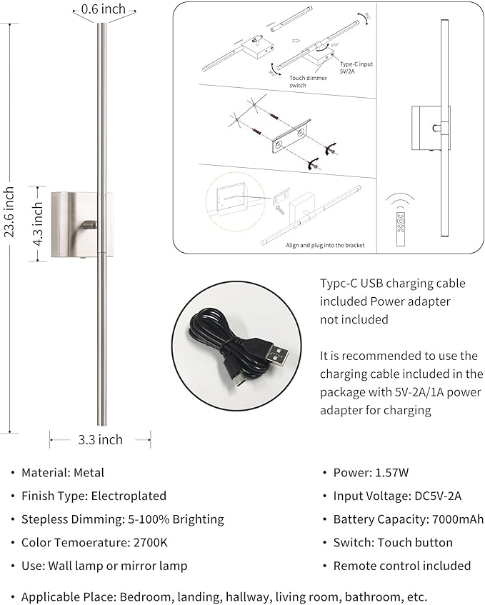 KDG Cordless Wall Sconces Set of 2, Wireless 7000mAh Rechargeable Battery Operated LED Wall Lamps with Remote, 360° Rotate Lightings for Wall Painting, Bedroom, Hallway, Night Light 23.6 inch (Nickel)