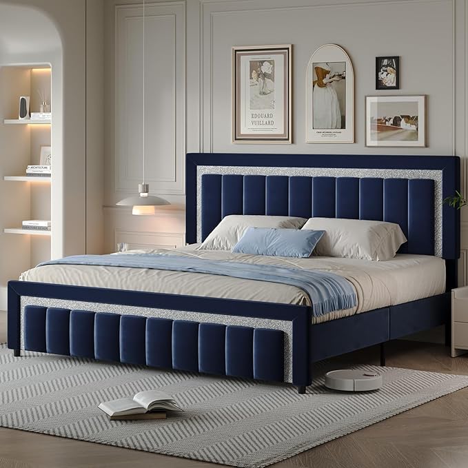 HOMBCK King Size Bed Frame with Headboard and Footboard, Upholstered Bed Frame King with Velvet Diamond Design, No Box Spring Needed, Easy Assembly, Blue