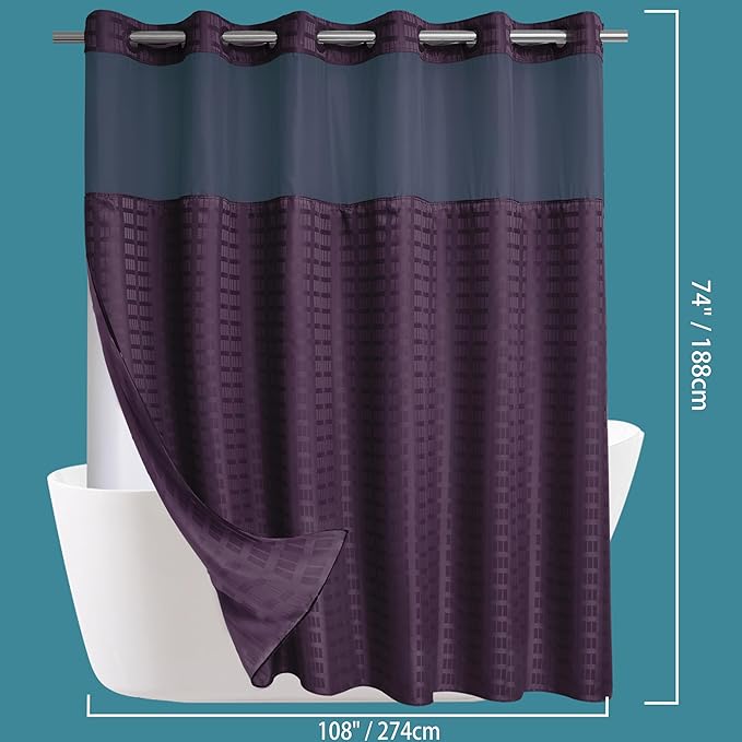 Conbo Mio Extra Wide No Hook Shower Curtain with Snap in Liner Set, 108" x 74" Hotel Luxury Purple Shower Curtains for Bathroom with See Through Top Window, Waterproof, Washable 108W x 74H