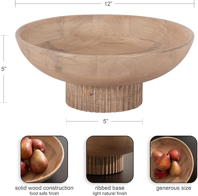 Kate and Laurel Rooks Modern Decorative Ribbed Wood Bowl, 12 Inch Diameter, Light Natural, Transitional Raised Fruit Bowl for Kitchen Counter or Use as Living Room or Entryway Table Decor