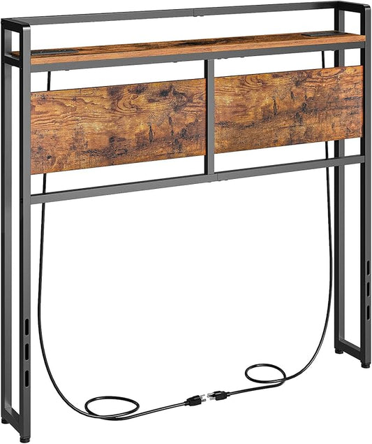 HOOBRO Headboard Twin Size, Headboard with 2 Outlets and 4 USB Ports, Adjustable Height, Storage Rack, Sturdy and Stable, Easy Assembly, Rustic Brown and Black