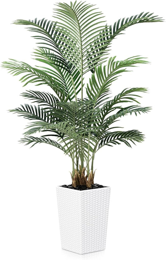 5FT Artificial Palm Tree - Tall Fake Tree with White Taper Planter & Pebbles, UV Resistant for Indoor & Outdoor Decor - Large Potted Faux Plant for Living Room, Office, Home Decor,VN130