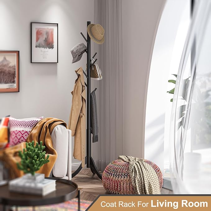 Coat Rack Freestanding, Coat Stands Entryway, Bamboo Coat Rack Hat Hanger 8 Hook for Jacket, Purse, Scarf Rack, Umbrella Tree Stand (Black)