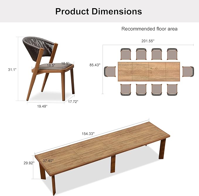PURPLE LEAF 13-Piece Patio Dining Set Outdoor Furniture Rectangular Table and Chairs Set with Aluminum Frame and Teak-Finish for Garden Deck Backyard Kitchen Deep Teak Outdoor Set