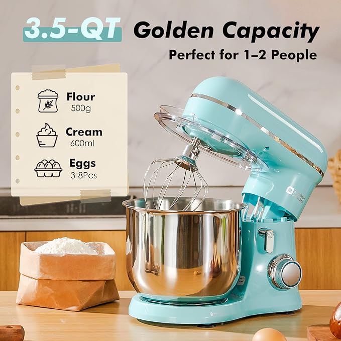Kitchen in the Box Stand Mixer, 3.5 QT Small Electric Kitchen Mixer, 10-Speed Portable Lightweight Food Mixer with Stainless Steel Bowl, Egg Whisk, Dough Hook, Beater (Sky Blue)