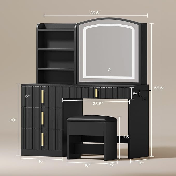 YITAHOME Vanity Desk with Mirror and Power Outlet, Fluted Vanity Table Set with Hidden Jewelry Storage, Big Makeup Desk with 4 Drawers, Black Dressing Table with Cushion Stool, 3 Lighting Color Modes