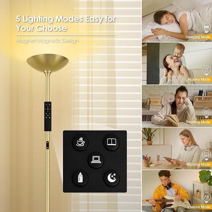 Stepless Dimmable Floor Lamp,30W 3000LM Super Bright LED Torchiere Floor Lamps with Remote & Touch Control,71 In Tall Modern Pole Standing Lamp for Living Room Bedroom Office,2700k-6500k,Golden