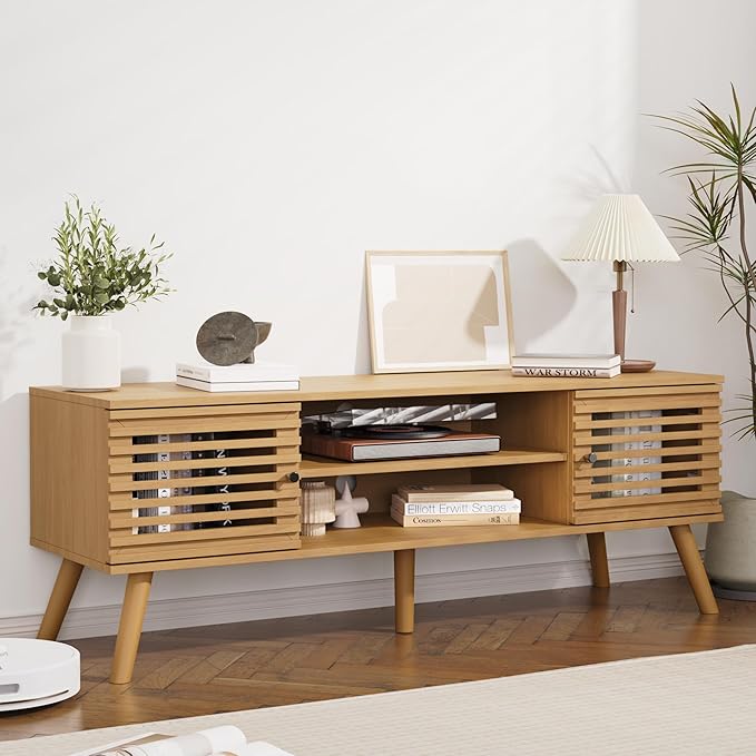 53" Mid Century Modern TV Stand for 50/55/60 inch TV, TV Media Console with Slatted Doors for TVs up to 60", Entertainment Center with Storage for Living Room, Bedroom, Oak