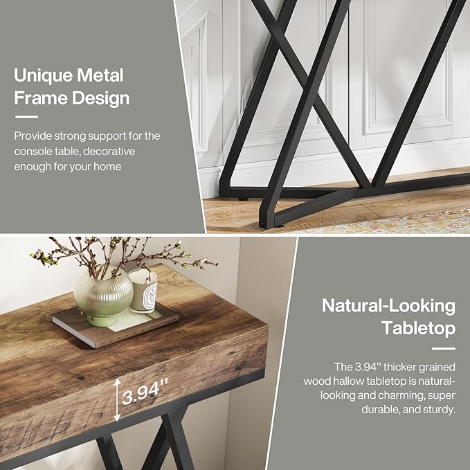 Tribesigns 55 Inch Console Table, Farmhouse Sofa Table Wood Entryway Table with Unique Metal Base, Behind The Couch Table Foyer Table, Industrial Accent Table for Hallway, Living Room, Rustic Brown