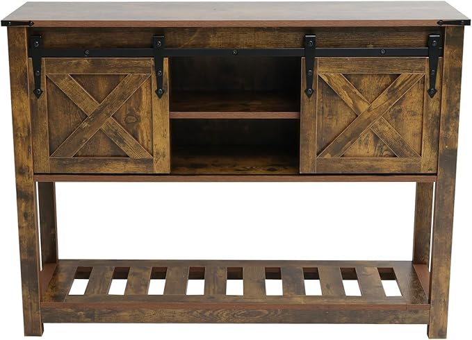 Brown Farmhouse Console Table for Entryway, Sofa Table with Storage Shelf, Hallway Tables with Sliding Barn Doors, Entry Tables for Foyer, Living Room
