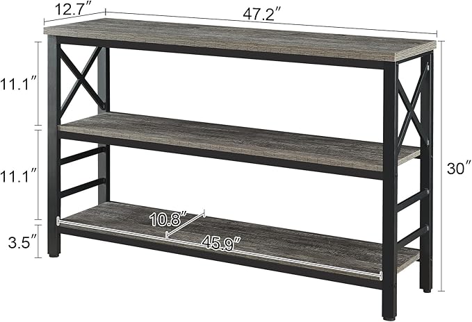 HOMBAZAAR Sofa Table,Industrial Console Table with Storage,Entryway Table with Engineered Wood and Metal,3 Tier Shelf for Living Room,Hallway,Grey,47 Inch