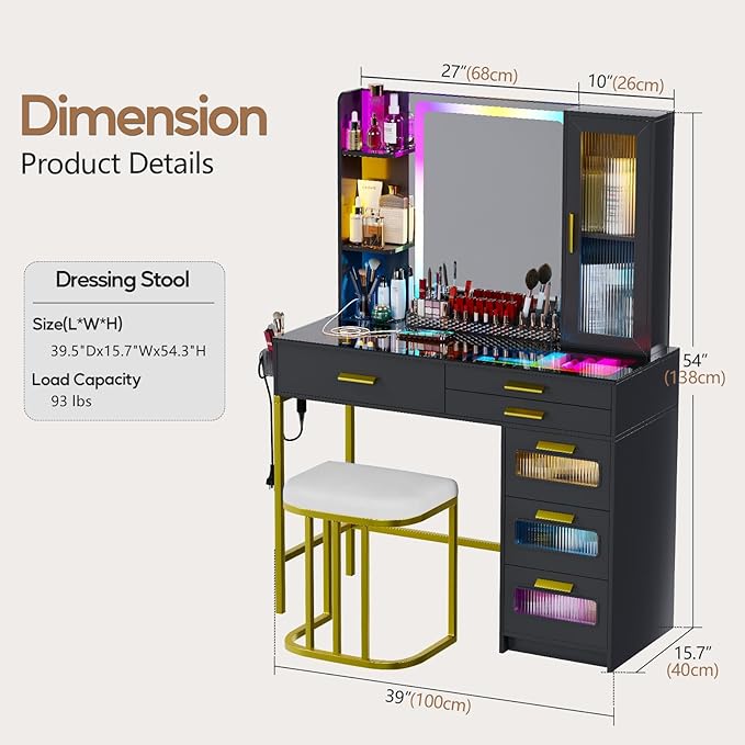 Vanity Desk with Mirror and RGB Lights，Glass top Makeup Vanity Table Set with Stool & Charging Station, Dressing Table with RGB Cabinet,6 Drawers,Lipstick Grid for Bedroom,Black