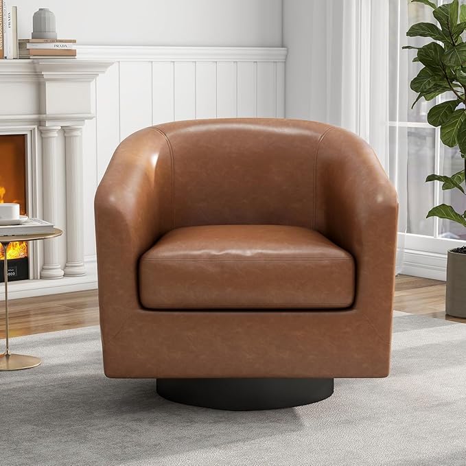 UIXE Faux Leather Swivel Barrel Accent Chair, Upholstered Armchair Club Chair for Living Room, Round Arm Chair Bedroom Single Sofa Reading Seat - Brown