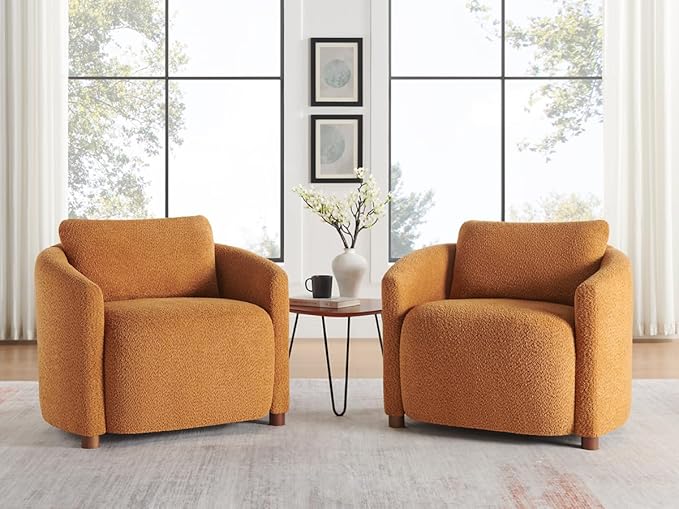 Boucle Accent Barrel Chair Set of 2, Cloud Reading Chair for Living Room & Bedroom, Furry Sherpa Armchair with Cozy Soft Throw Pillow Back, Comfy Upholstered Lounge Chair, Modern Single Sofa Chair