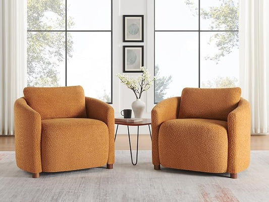 Boucle Accent Barrel Chair Set of 2, Cloud Reading Chair for Living Room & Bedroom, Furry Sherpa Armchair with Cozy Soft Throw Pillow Back, Comfy Upholstered Lounge Chair, Modern Single Sofa Chair