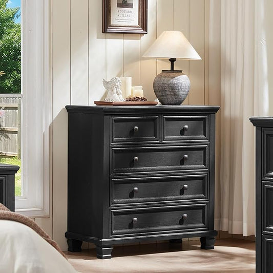 Farmhouse 5 Drawer Dresser for Bedroom, 32.6 Inch Tall Vintage Wood Chest of Drawers, Rustic Small Dressers w/Square Solid Wooden Legs, Mid-Century Storage Organizer for Living Room, Black