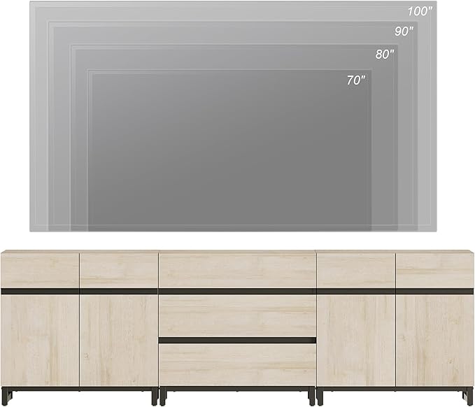 WAMPAT Modern TV Stand for TVs up to 100 inch, 3 in 1 TV Console with Adjustable Shelves and 3 Drawers, Media Console for Living Room, Bedroom, Light Oak
