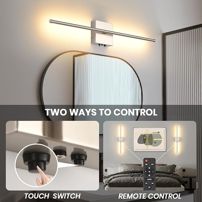 Set of 2 Battery Operated Wall Sconces, 11000mAh Wireless Rechargeable Brushed Nickel Wall Lights with Remote Control, 350°Rotate Dimmable Wall Lamp, 3 Color Temperatures, for Bedroom, Living Room