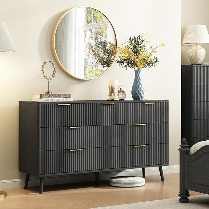 CARPETNAL Fluted 7 Double Drawers Black Dresser for Bedroom, 55”Wide Modern Chest of Drawers with Deep Drawers,Wood Drawer Organizer for Bedroom Living Room, Hallway, Black