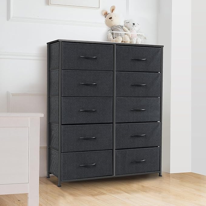 Dresser for Bedroom with 10 Drawers, Chest of Drawers, Storage Drawers Organizer Unit, Black Wide Fabric Dresser with Fabric Bins for Closet, Living Room, Entryway (Black and Charcoal Black)