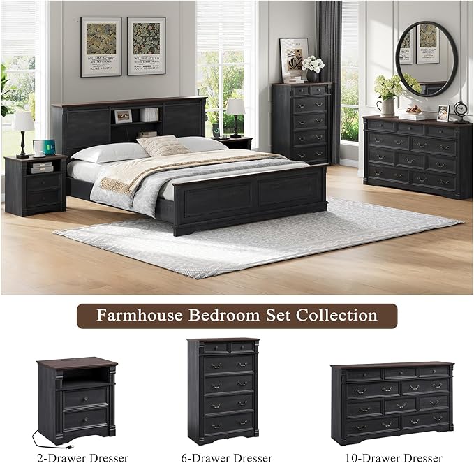 Yaamizz Farmhouse Dresser for Bedroom, 47" Tall 6 Drawer Dresser Storage with Wood Pilasters and Metal Handles, Vintage Design, Drawer Organizer for Bedroom, Hallway, Black