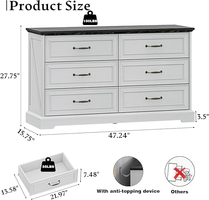 Farmhouse 6 Drawers Dresser for Bedroom, 48" Wide Modern Chest of Drawers with Deep Drawers & Bar Handles, Rustic Wood Dresser TV Stand, Wooden Closet Storage Organizer for Living Room, Hallway, White
