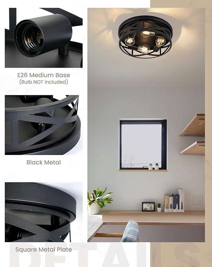 Black Flush Mount Ceiling Light Fixtures,4-Light Modern Hallway Light Fixtures Ceiling, Black Light Fixture Ceiling Mount for Farmhouse,Kitchen, Bedroom 2 Pack