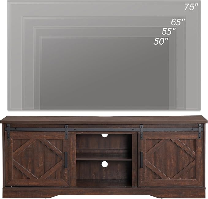 WAMPAT Modern Farmhouse TV Stand for TVs up to 75 inch with Sliding Barn Door,Wood Entertainment Center with Adjustable Media Storage Shelf for Living Room, Rustic Brown