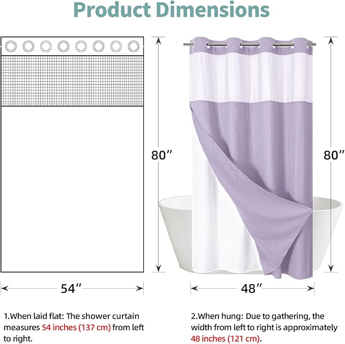 Lavender No Hook Waffle Weave Shower Curtain with snap-in Liner Replacement, 230GSM Waterproof Fabric Hotel Shower Curtain Set for Bathroom, Through Mesh Top Window,54Wx80H