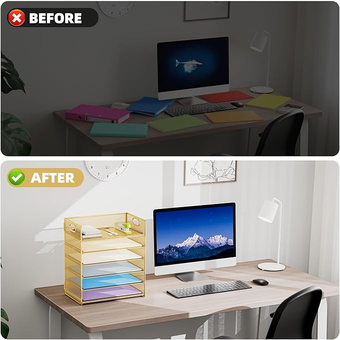 Marbrasse 2 Pack Desk Organizer with Handle, 6 Tier Paper Letter Tray, Mesh Desk File Organizer for Office, School and Home - Gold