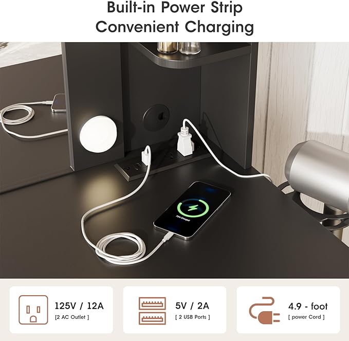 Maupvit Vanity Desk with Mirror and Lights,Makeup Vanity Table Set with Power Outlet,3 Lighting Modes & Adjustable Brightness Dressing Table with 2 Drawers for Bedroom Dressing Room,Black