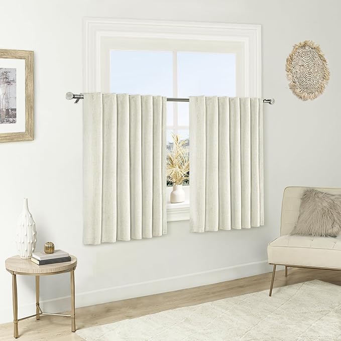 100% Blackout Kitchen Curtains Back Tab Rod Pocket Linen Curtain Thermal Insulated Textured Short Black Out Curtains for Small Window 2 Panels Set 52Wx54L Natural Cream