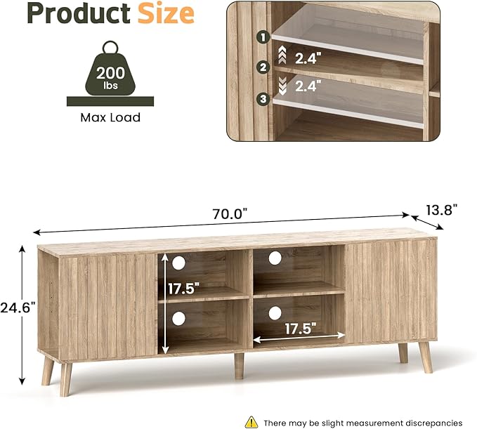 Mid-Century Modern TV-Stand - Fluted TV Stand for 80 75 65Inch TV, Entertainment Center with Storage, Media Console with Adjustable Shelves for Living Room, Oak
