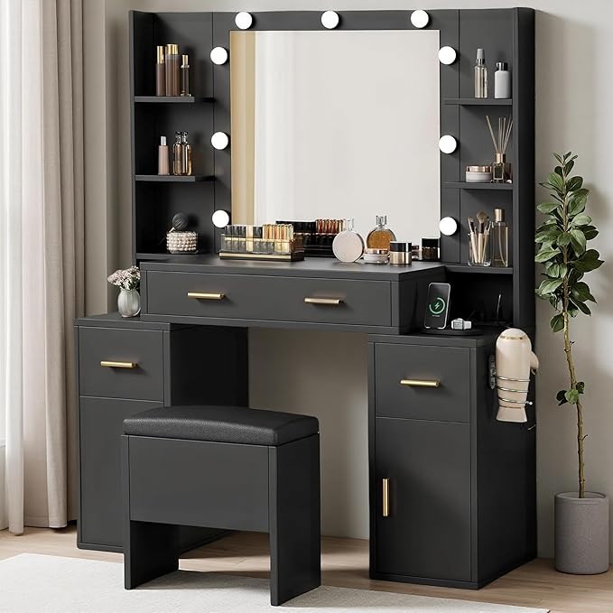 DWVO Vanity Desk with Large Mirror and LED Lights, Makeup Vanity Table Set with Power Outlets, Comfy Stool & Storage Drawers, Shelves and Cabinets, 3 Lighting Modes Makeup Table, Dressing Room, Black