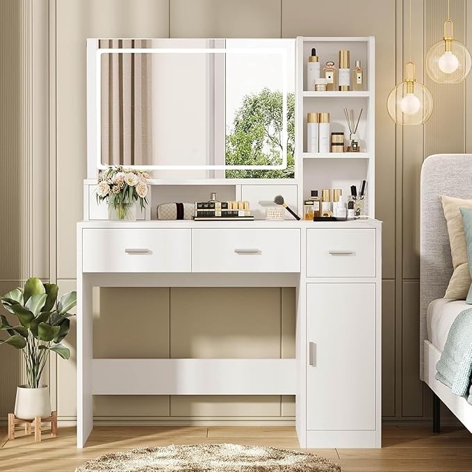 Vanity Desk with Mirror and Lights, Vanity with Soft and Non-Dazzling Lighting,Makeup Vanity with Drawers for Bedroom Dressing Room, Women Girls (White)
