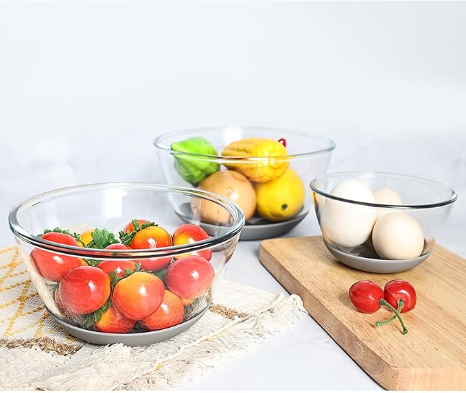 Glass Mixing Bowls HEAVY DUTY Top Choice for High-end Kitchens Extra-thick Glass Mixing Bowl Set of 3 with BPA-Free Airtight Lids Large Nesting Bowls with Non-Slip Silicone Base Well-made