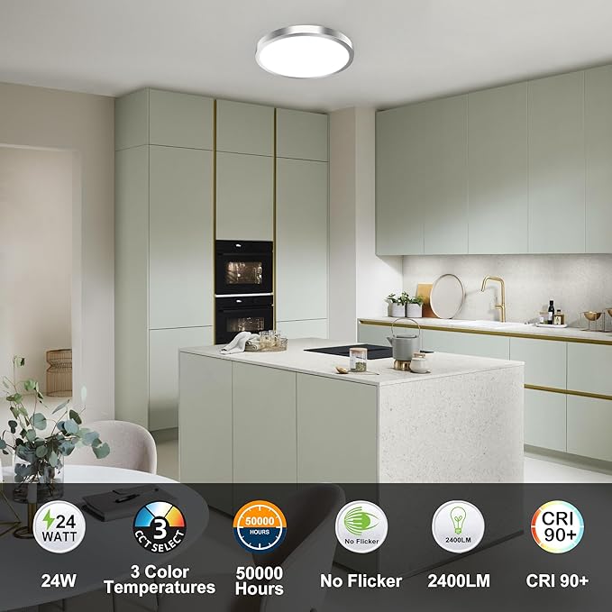hykolity 12 Inch Selectable CCT LED Round Flat Panel Light, 24W 3000K/4000K/5000K, Edge-Lit Flush Mount Ceiling Light Fixture for Kitchen, Bedroom, Laundry and Closet Room,Brush Nickel