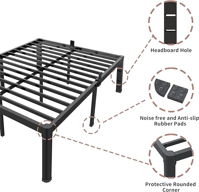 ROIL 12 inch Metal Queen Bed Frame with Rounded Corner and Headboard Hole Mattress Retainers 3500LBS Heavy Duty Steel Slats No Box Spring Needed Platform Noise-Free Easy Assemble